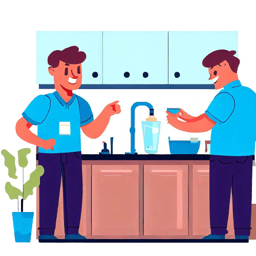 drawing showing a technician educate customer about the water issues